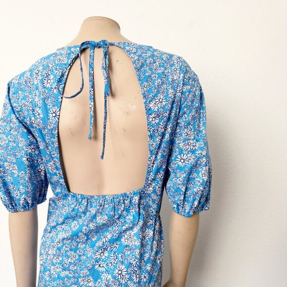 [Topshop] Blue Ditsy Floral Open Back Ruffle Hem Poplin Mini Shift Dress Size 10 - Picture 9 of 12